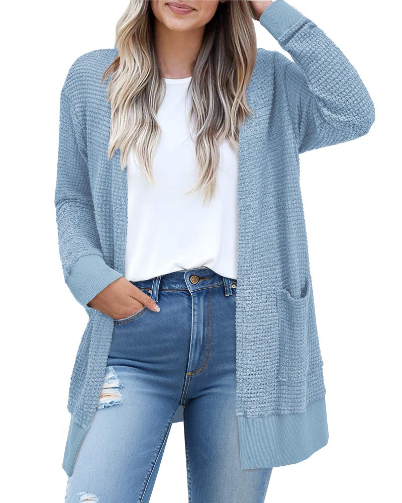 STYLEWORD Women's Fashion Cardigan 2025 Fall Trendy Clothes Sweaters Lightweight Open Front Waffle Knit Casual Long Cardigans Outfits Dressy with Pockets(Blue-XL) - Image 1
