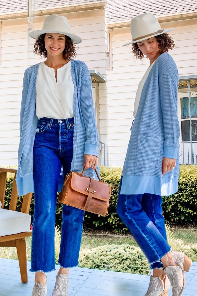 STYLEWORD Women's Fashion Cardigan 2025 Fall Trendy Clothes Sweaters Lightweight Open Front Waffle Knit Casual Long Cardigans Outfits Dressy with Pockets(Blue-XL) - Image 5