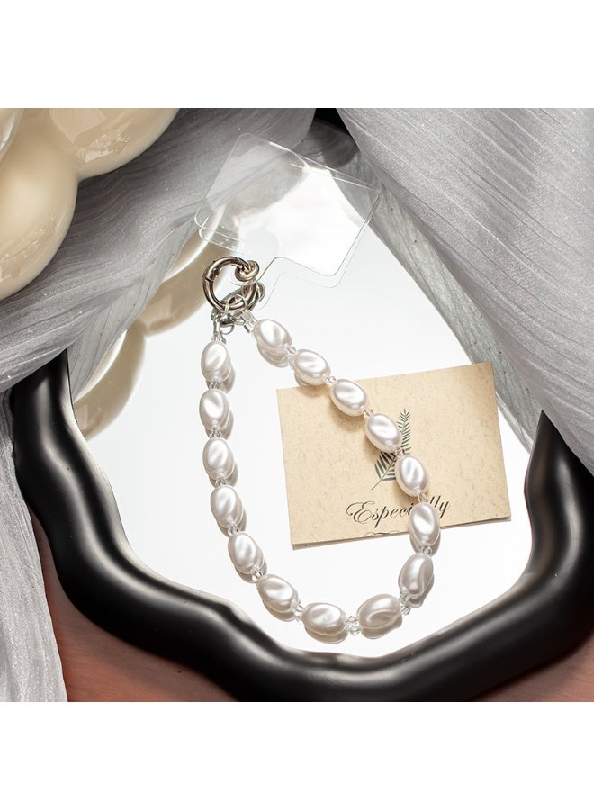 NIBEMINENT Beaded Phone Lanyard, Anti Lost Removable Wrist Strap, Alien Pearl Bracelet Pendant, Phone Keychain Lanyard, White