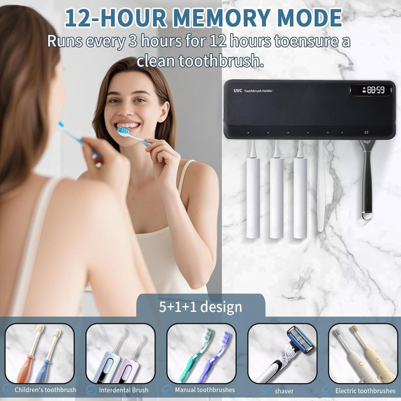حامل فرشاة أسنان ZOZOO UV معقم بنسبة تنظيف 99.9%، تجفيف بالهواء، تسخين، 5+1+1 فتحات، ذاكرة 12 ساعة، قابل للشحن، مثبت على الحائط بلاصق قوي مع غطاء للحمام (أسود) - Image 4