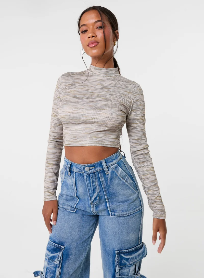 بينك فانيلا بلوزة قصيرة بأكمام طويلة وياقة عالية بنقوش فضائية