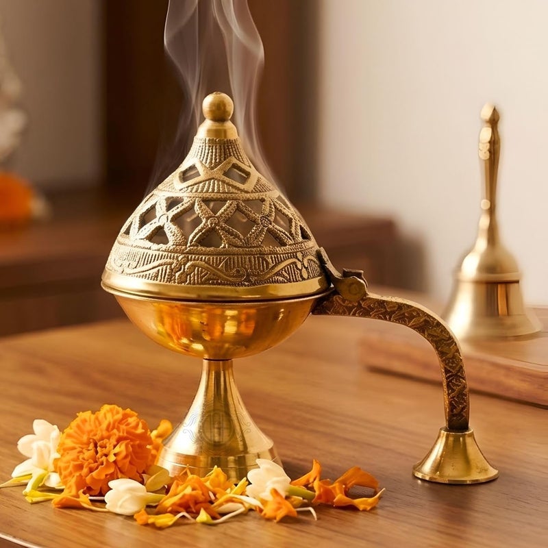 DSH Brass Dhuna Burner for Loban Traditional Dhoop Dani Sambrani Incense Dhuni Holder for Pooja, Spiritual Rituals & Home Purification - Image 1