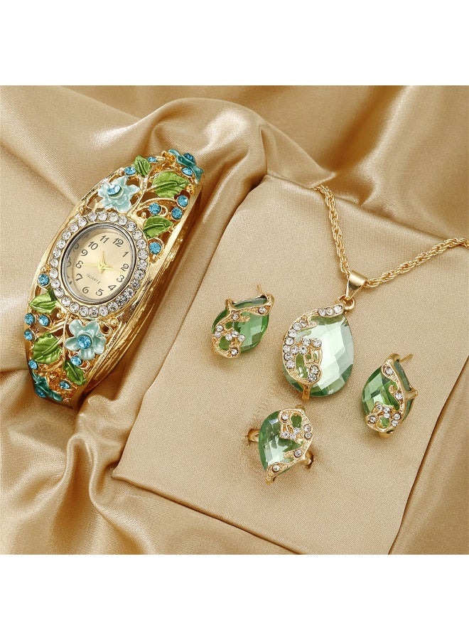 QUARTZ New Enamel Cloisonné Oval Watch Set with Earrings & Necklace& Ring - Royal Vintage Floral Elegant Jewelry Accessories for Women - Image 1