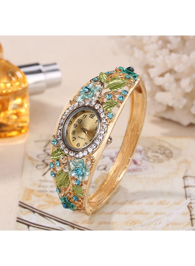 QUARTZ New Enamel Cloisonné Oval Watch Set with Earrings & Necklace& Ring - Royal Vintage Floral Elegant Jewelry Accessories for Women - Image 2