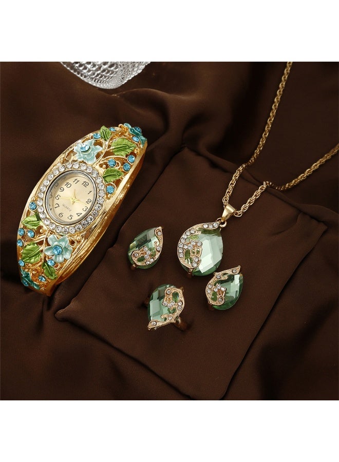 QUARTZ New Enamel Cloisonné Oval Watch Set with Earrings & Necklace& Ring - Royal Vintage Floral Elegant Jewelry Accessories for Women - Image 4