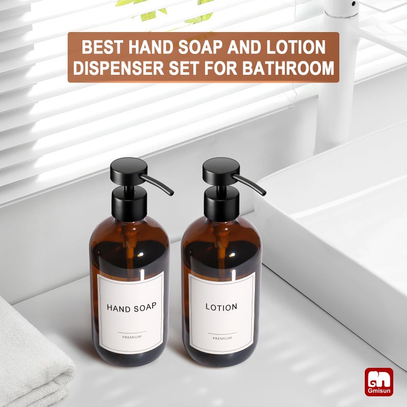 GMISUN Amber Glass Soap Dispenser, 2 Pack Bathroom Hand Soap Dispensers with Stainless Steel Flat Pump, 17 Fl Oz Kitchen Dish Soap Dispenser, Modern Vintage Liquid Brown Soap Dispensers Bottle Set - Image 5