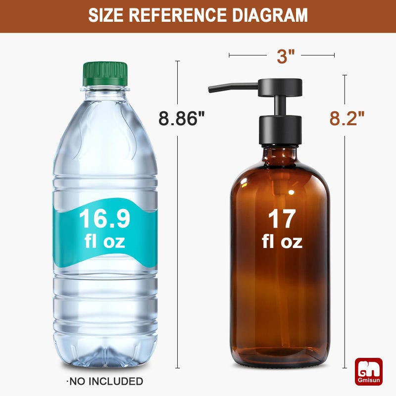 GMISUN Amber Glass Soap Dispenser, 2 Pack Bathroom Hand Soap Dispensers with Stainless Steel Flat Pump, 17 Fl Oz Kitchen Dish Soap Dispenser, Modern Vintage Liquid Brown Soap Dispensers Bottle Set - Image 2