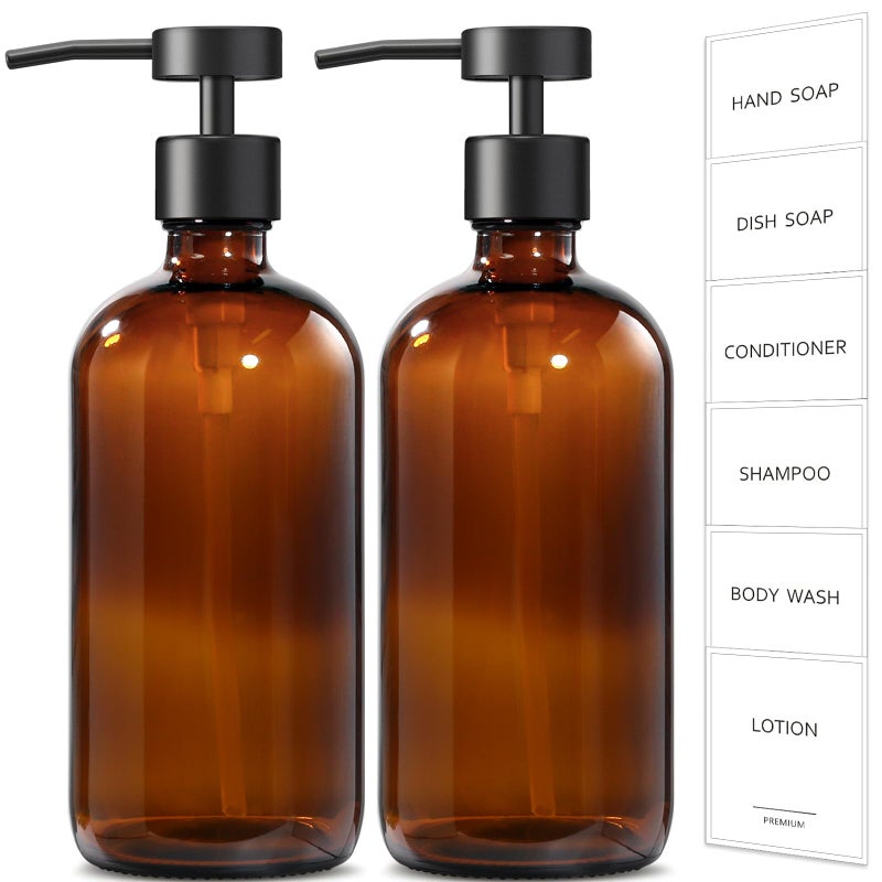 GMISUN Amber Glass Soap Dispenser, 2 Pack Bathroom Hand Soap Dispensers with Stainless Steel Flat Pump, 17 Fl Oz Kitchen Dish Soap Dispenser, Modern Vintage Liquid Brown Soap Dispensers Bottle Set - Image 1