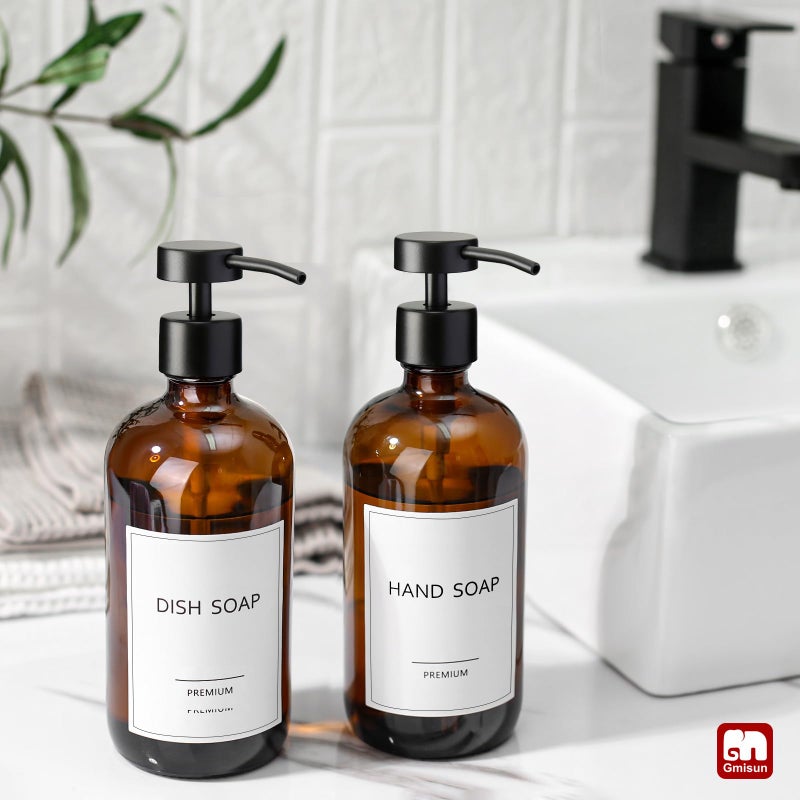 GMISUN Amber Glass Soap Dispenser, 2 Pack Bathroom Hand Soap Dispensers with Stainless Steel Flat Pump, 17 Fl Oz Kitchen Dish Soap Dispenser, Modern Vintage Liquid Brown Soap Dispensers Bottle Set - Image 4