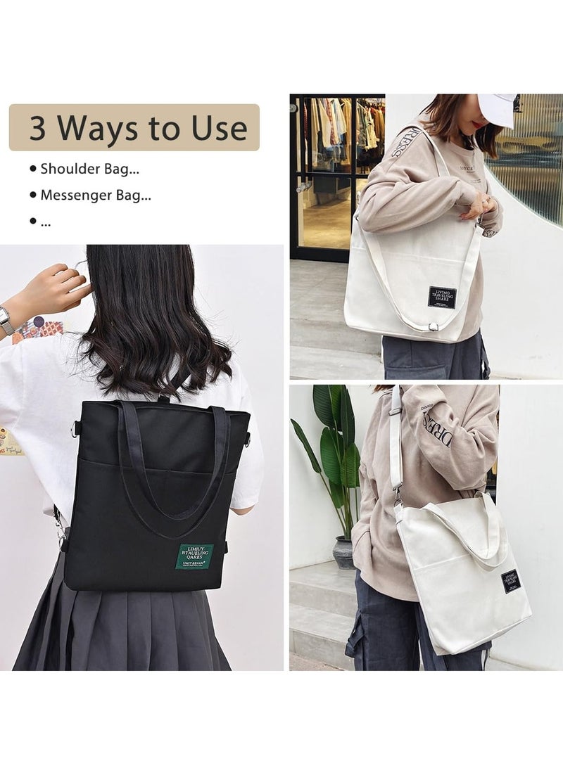 SYOSI 2PCS Canvas Tote Bags for Women - Beige & Black Crossbody Shoulder Handbags with Inner Zipper Pocket, Large Capacity, Perfect for Work, Shopping, Travel - Image 2