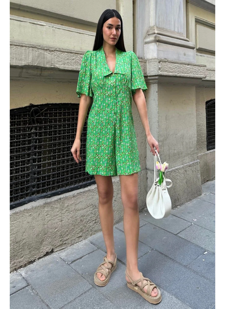 For You Moda Natural Viscose Patterned Green Jumpsuit