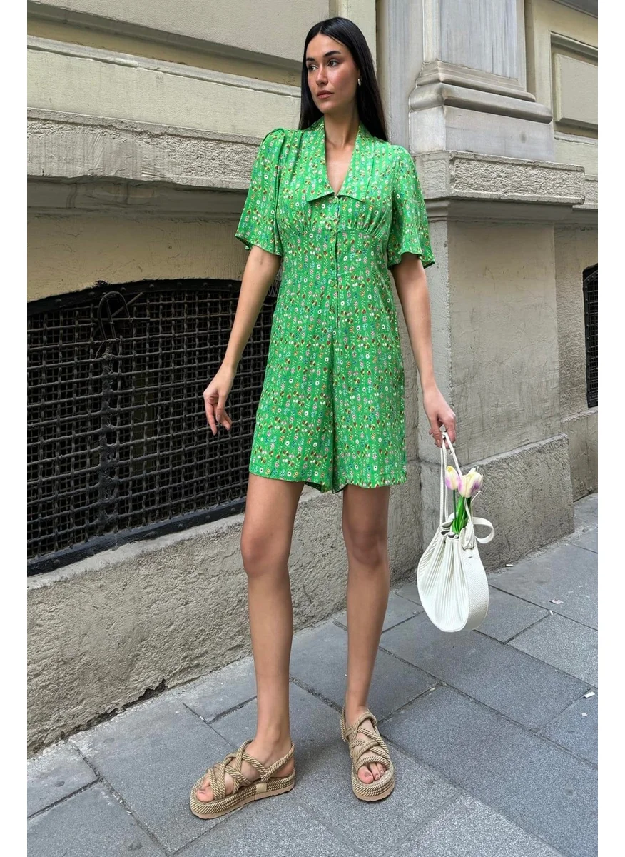 For You Moda Natural Viscose Patterned Green Jumpsuit
