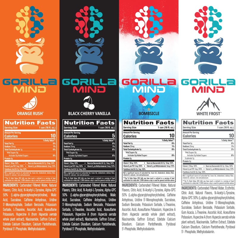 Gorilla Mind Energy Drink | Unmatched Energy · Amplified Focus | N-Acetyl-L-Tyrosine, Alpha-GPC, 200mg Caffeine, Uridine, Saffron | 0 Sugar Or Artificial Colors | 16oz | 12-Pack (Variety Pack #2) - Image 2