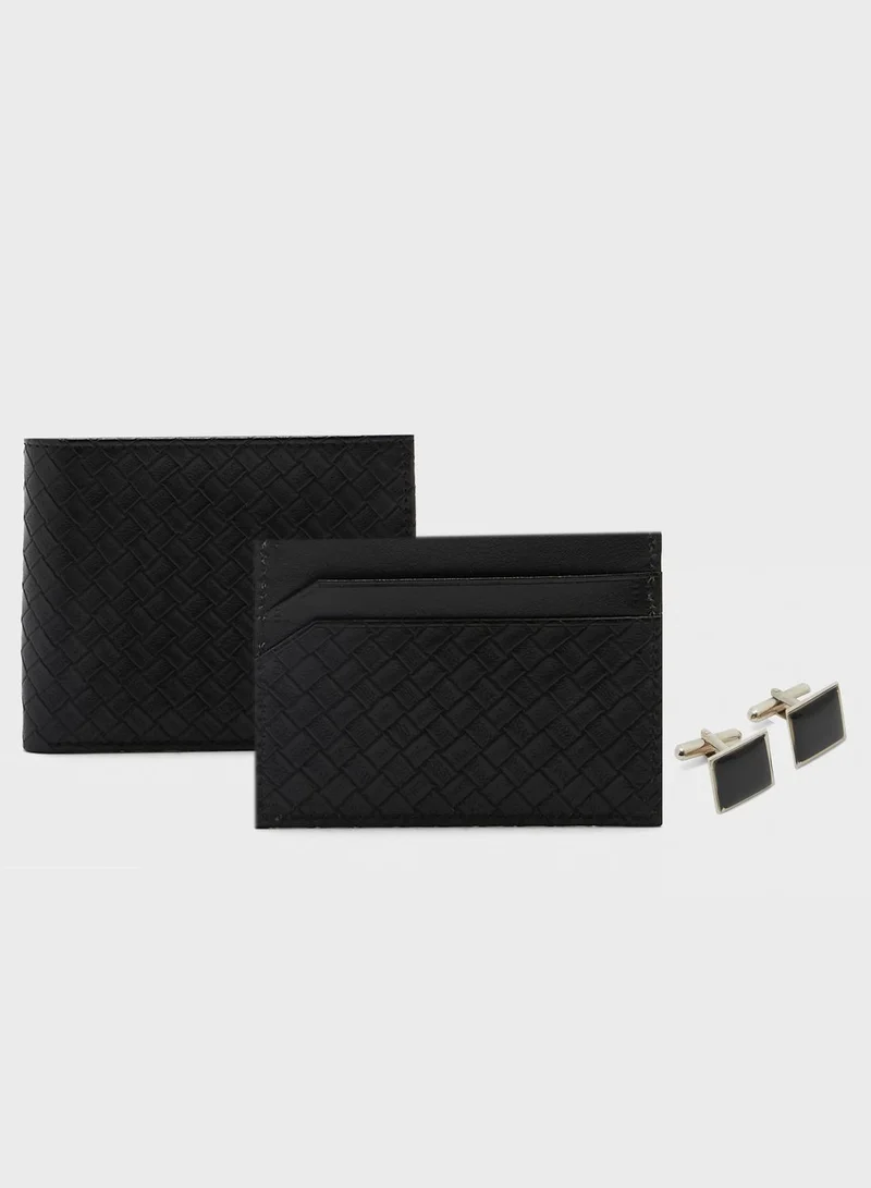 Robert Wood Leatherette Wallet, Card Holder Ad Cuff Links Gift Set