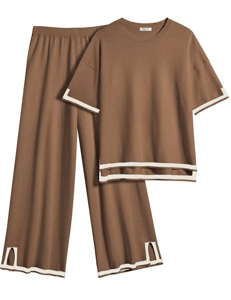 Ekouaer Lounge Set for Women Travel Outfits 2 Piece Sets Short Sleeve Sweater Top Wide Leg Long Pants Loungewear Brown S - Image 1