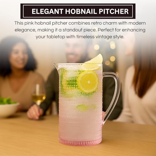 Khen Hobnail Blush Pink Pitcher, Beverage Dispenser, Heavy Duty Glass Beaded, 2.5 Quart, 82oz Cocktails, Juices, Water, Lemonade, Iced Tea, Parties, Everyday Fridge, Container, Milk, Iced Coffee, Drinks - Image 3