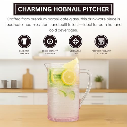 Khen Hobnail Blush Pink Pitcher, Beverage Dispenser, Heavy Duty Glass Beaded, 2.5 Quart, 82oz Cocktails, Juices, Water, Lemonade, Iced Tea, Parties, Everyday Fridge, Container, Milk, Iced Coffee, Drinks - Image 4