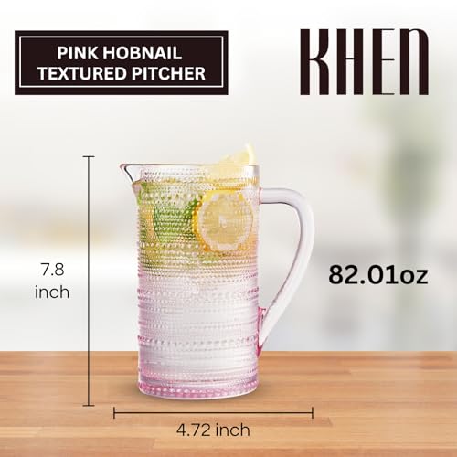 Khen Hobnail Blush Pink Pitcher, Beverage Dispenser, Heavy Duty Glass Beaded, 2.5 Quart, 82oz Cocktails, Juices, Water, Lemonade, Iced Tea, Parties, Everyday Fridge, Container, Milk, Iced Coffee, Drinks - Image 2