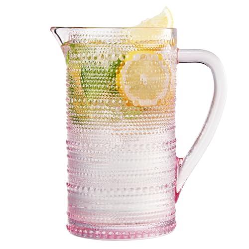 Khen Hobnail Blush Pink Pitcher, Beverage Dispenser, Heavy Duty Glass Beaded, 2.5 Quart, 82oz Cocktails, Juices, Water, Lemonade, Iced Tea, Parties, Everyday Fridge, Container, Milk, Iced Coffee, Drinks - Image 1