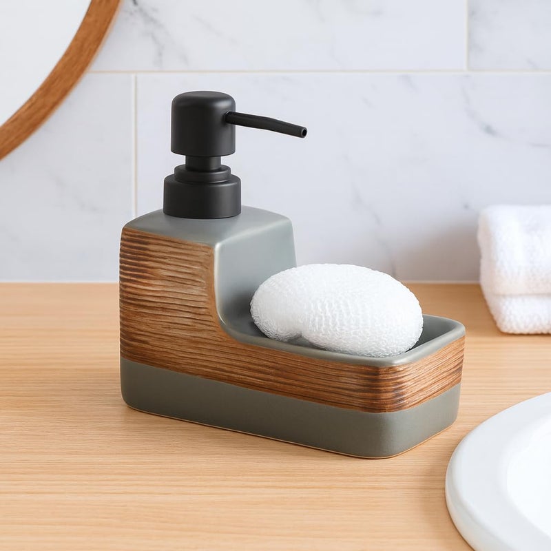 Whizzo Ceramic Soap Dispenser with Wooden Finish & Sponge Holder | Hand Wash or Dish Soap Dispenser for Kitchen & Bathroom Counter | Refillable Pump Bottle with Cleaning Sponge (350ML, LD-213, Grey) - Image 3
