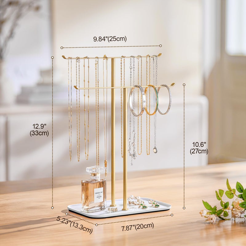 pickpiff Necklace Holder Jewelry Organizer Stand â€“ 2â€‘Tier Tâ€‘Bar Jewelry Display Tree with Tray for Countertop Necklace Bracelet Earring Storage, Vanity Dresser Bathroom Sink, Gold - Image 4