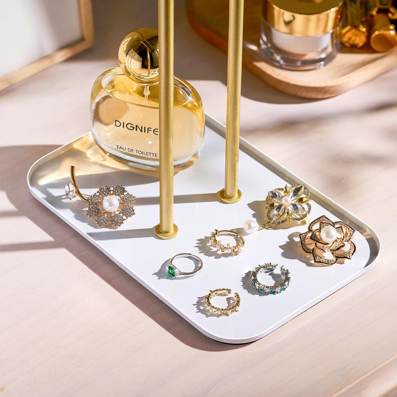 pickpiff Necklace Holder Jewelry Organizer Stand â€“ 2â€‘Tier Tâ€‘Bar Jewelry Display Tree with Tray for Countertop Necklace Bracelet Earring Storage, Vanity Dresser Bathroom Sink, Gold - Image 3