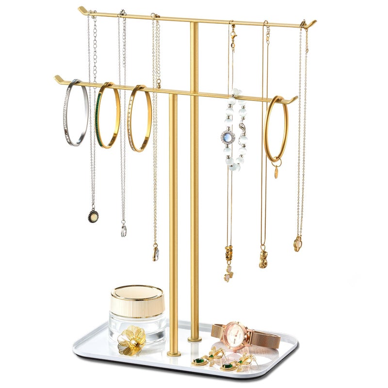 pickpiff Necklace Holder Jewelry Organizer Stand â€“ 2â€‘Tier Tâ€‘Bar Jewelry Display Tree with Tray for Countertop Necklace Bracelet Earring Storage, Vanity Dresser Bathroom Sink, Gold - Image 1