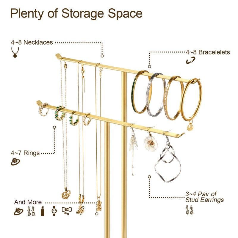pickpiff Necklace Holder Jewelry Organizer Stand â€“ 2â€‘Tier Tâ€‘Bar Jewelry Display Tree with Tray for Countertop Necklace Bracelet Earring Storage, Vanity Dresser Bathroom Sink, Gold - Image 5