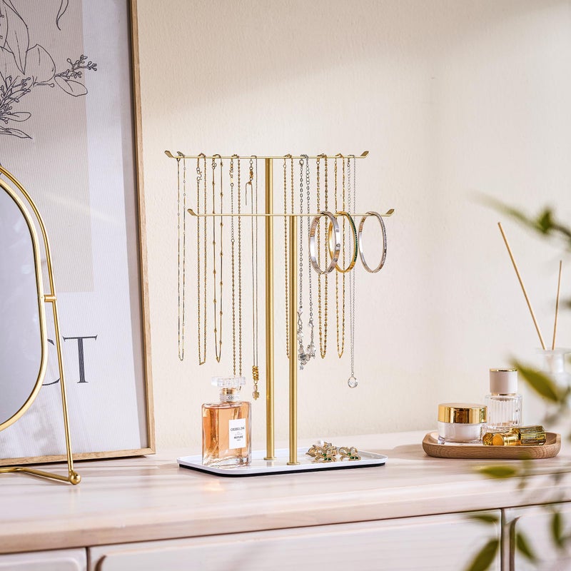 pickpiff Necklace Holder Jewelry Organizer Stand â€“ 2â€‘Tier Tâ€‘Bar Jewelry Display Tree with Tray for Countertop Necklace Bracelet Earring Storage, Vanity Dresser Bathroom Sink, Gold - Image 2