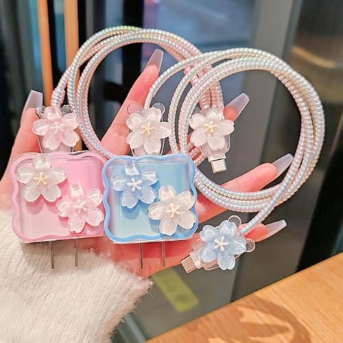VNJ ACCESSORIES Protective Charger Case for iPhone 18W 20W iPhone 17 16 15 14 13 12 11 Pro Max Charging Cable Charger Protective Cover Data Cable Protective Sleeve-NEW Blue Flower - Image 4