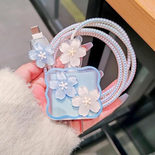 VNJ ACCESSORIES Protective Charger Case for iPhone 18W 20W iPhone 17 16 15 14 13 12 11 Pro Max Charging Cable Charger Protective Cover Data Cable Protective Sleeve-NEW Blue Flower - Image 2