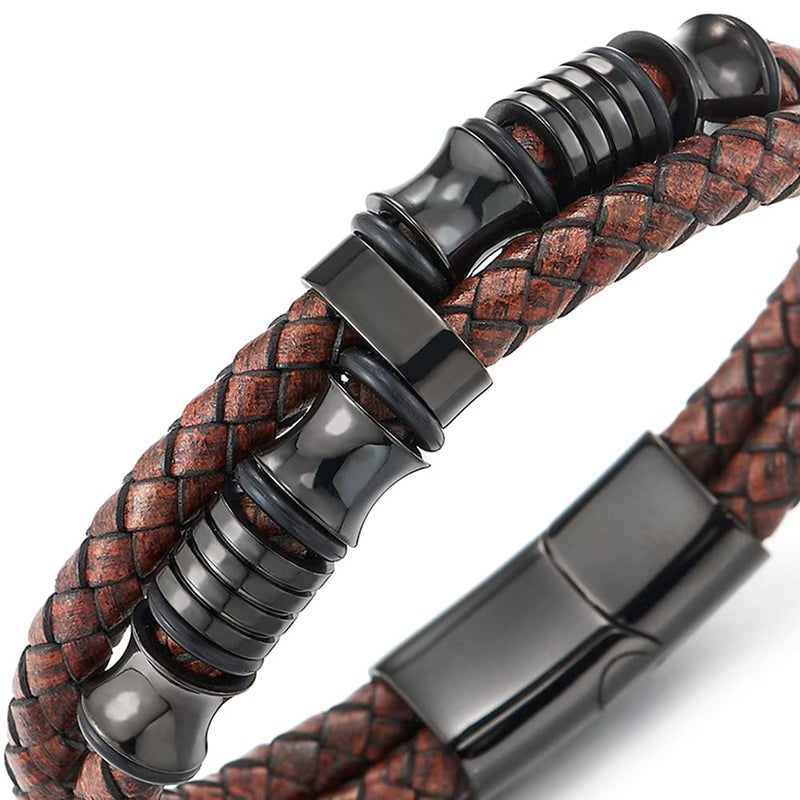 COOLSTEELANDBEYOND Men Double-Row Rough Rusty Brown Braided Leather Bracelet Bangle Wristband with Black Steel Ornament - Image 2