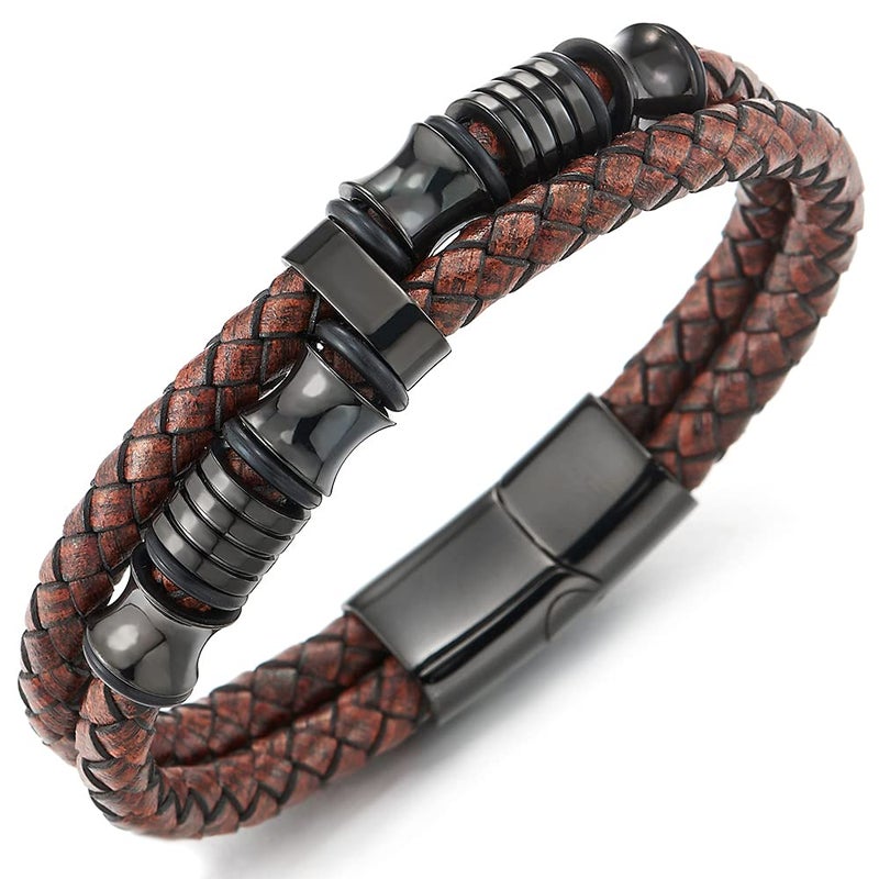 COOLSTEELANDBEYOND Men Double-Row Rough Rusty Brown Braided Leather Bracelet Bangle Wristband with Black Steel Ornament - Image 1