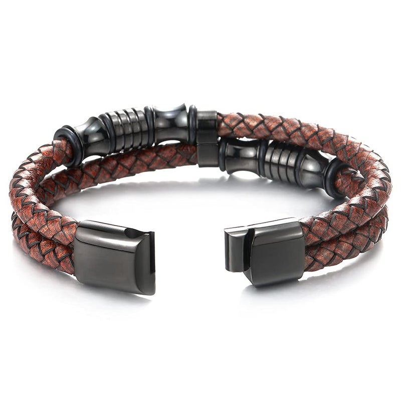 COOLSTEELANDBEYOND Men Double-Row Rough Rusty Brown Braided Leather Bracelet Bangle Wristband with Black Steel Ornament - Image 3