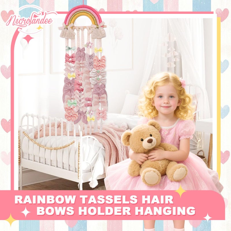 NICROLANDEE Rainbow Tassels Hair Bows Holder Hanging - Baby Hair Accessories Storage Bow Organizer Wall Hanger Decor for Baby Girls Wall Hanging Decor for Girls Room Ornament (Pink Yellow) - Image 2