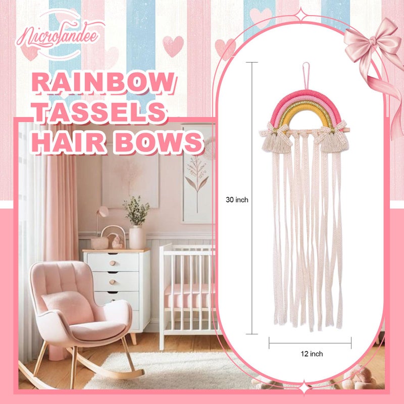 NICROLANDEE Rainbow Tassels Hair Bows Holder Hanging - Baby Hair Accessories Storage Bow Organizer Wall Hanger Decor for Baby Girls Wall Hanging Decor for Girls Room Ornament (Pink Yellow) - Image 3