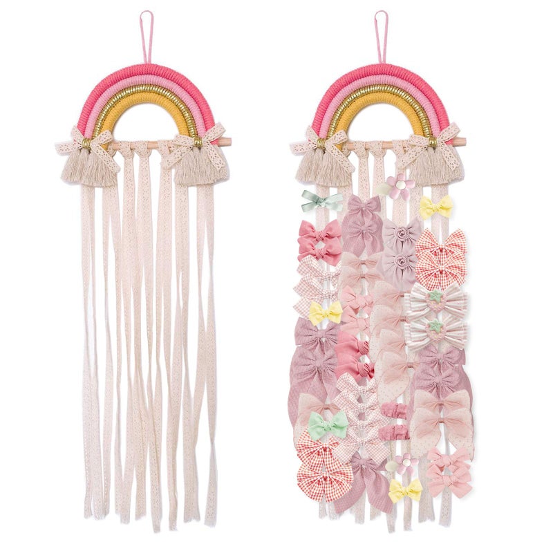 NICROLANDEE Rainbow Tassels Hair Bows Holder Hanging - Baby Hair Accessories Storage Bow Organizer Wall Hanger Decor for Baby Girls Wall Hanging Decor for Girls Room Ornament (Pink Yellow) - Image 1