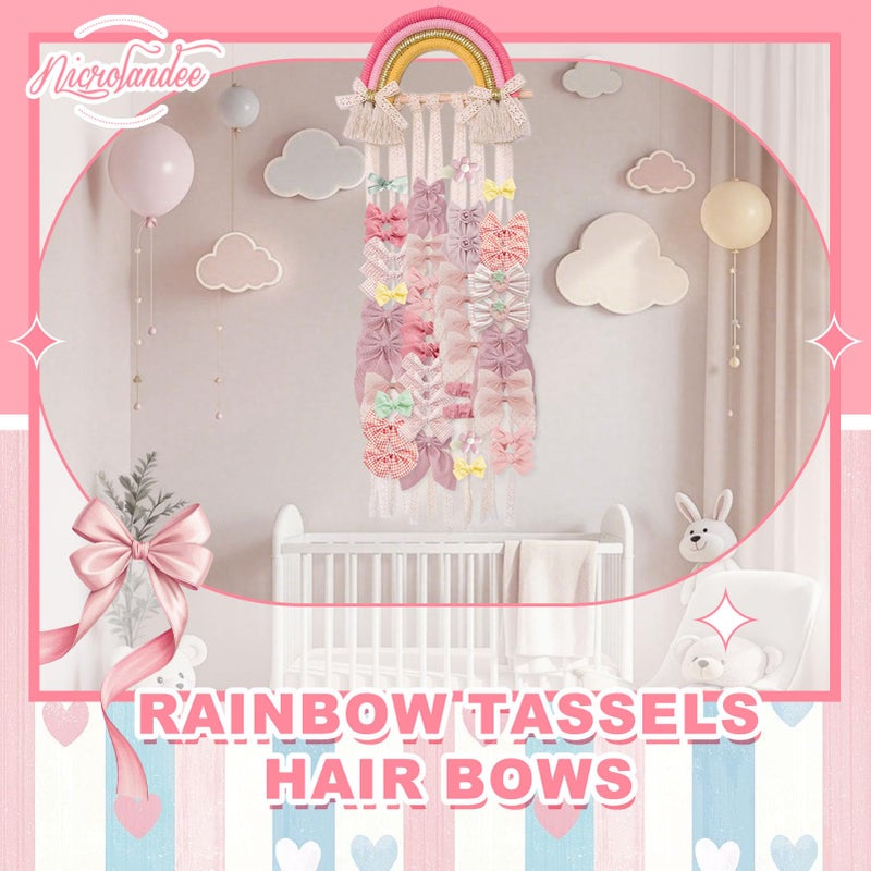 NICROLANDEE Rainbow Tassels Hair Bows Holder Hanging - Baby Hair Accessories Storage Bow Organizer Wall Hanger Decor for Baby Girls Wall Hanging Decor for Girls Room Ornament (Pink Yellow) - Image 4