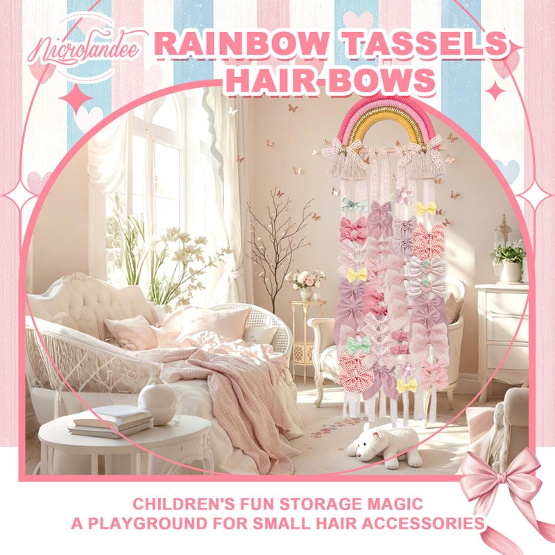 NICROLANDEE Rainbow Tassels Hair Bows Holder Hanging - Baby Hair Accessories Storage Bow Organizer Wall Hanger Decor for Baby Girls Wall Hanging Decor for Girls Room Ornament (Pink Yellow) - Image 5