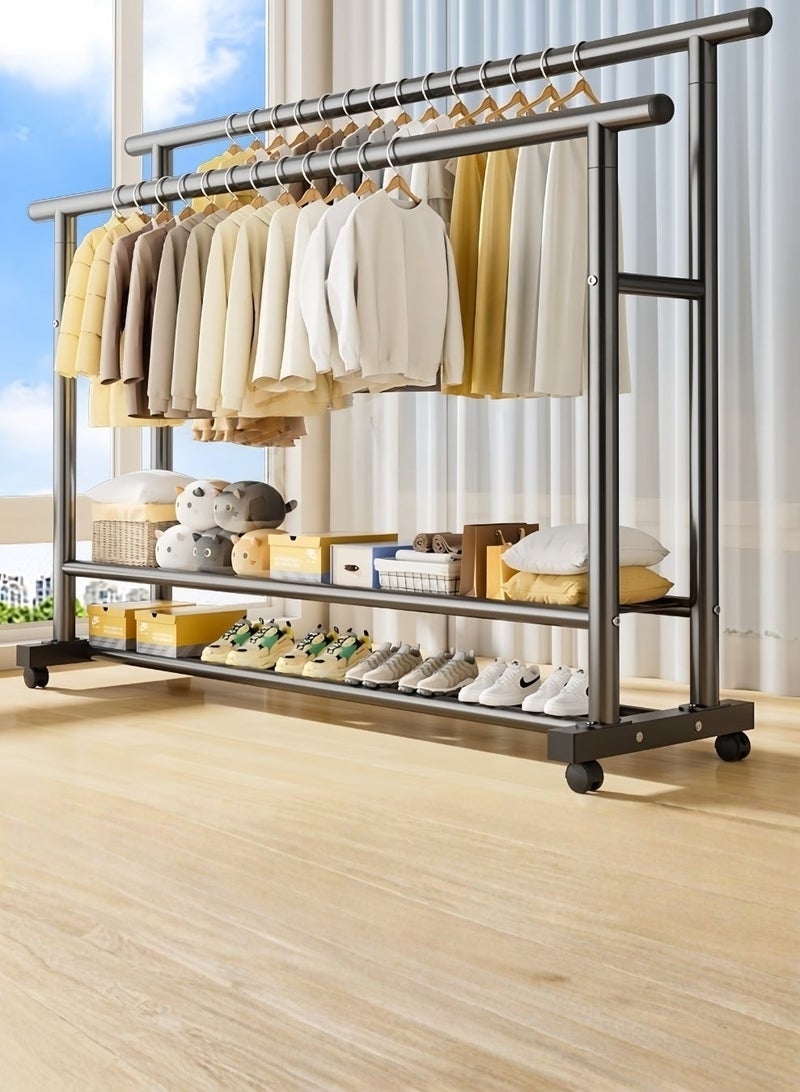 أورالوكسي Gunmetal Gray Double Rod Clothes Rack – 150x50cm, Front Rod 145cm / Back Rod 160cm, Heavy-Duty Wardrobe with Wheels & Bottom Shelf for Abaya, Thobe & Daily Wear - Image 1