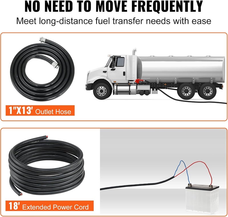 VEVOR Fuel Transfer Pump 12V DC 20 GPM 14 HP Gasoline Extractor Pump with Automatic Nozzle Discharge Hose Suction Pipe for Gasoline Diesel Kerosene Ethanol Methanol Blends and Biodiesel - Image 5