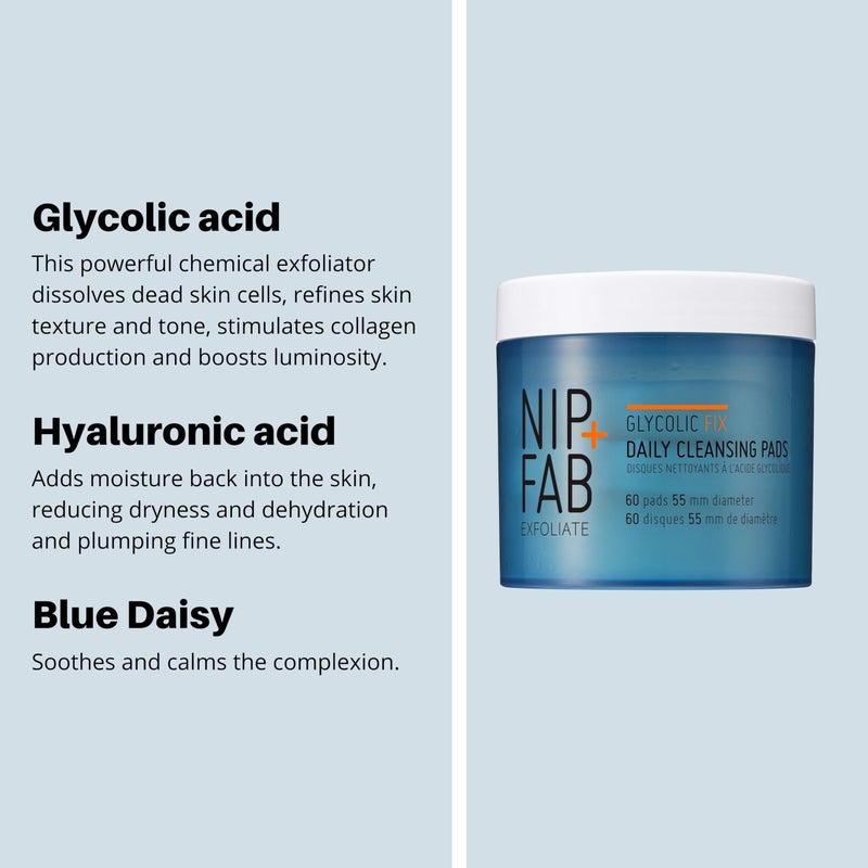 NIP+FAB Nip + Fab Glycolic Acid Fix Daily Cleansing Pads for Face with Hyaluronic Acid, Witch Hazel, Exfoliating Resurfacing AHA Facial Cleanser for Exfoliation Even Skin Tone Brighten Skin, 60 Pads - Image 5