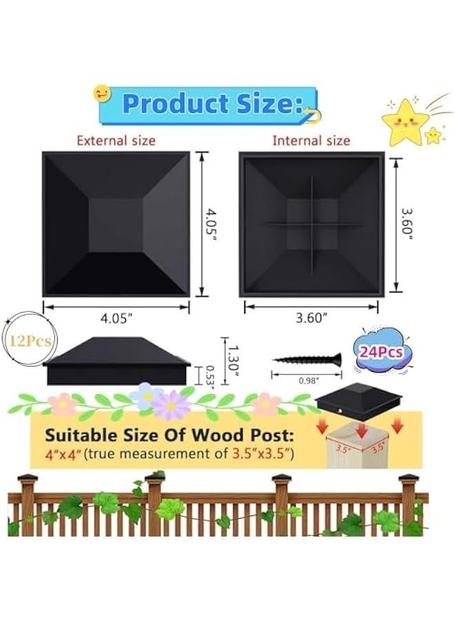 Generic 12 Pcs Plastic Fence Post Caps,4X4 (3.625X3.625) Inch Black Plastic Square Fence Top Caps, Waterproof and UV Resistant Reusable, with 24pcs Screws, Prevent Fence Posts from Cracking (Black) - Image 2