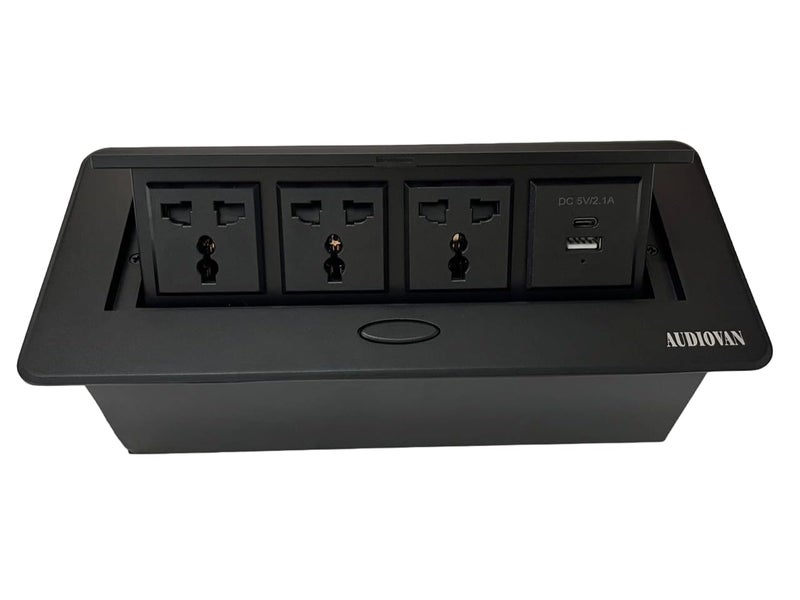 Audiovan Hydraulic Cable Cubby Pop Up Conference Box, Cable Manager Socket Electrical Box With 3 Power Socket and 2 USB socket A+C type Charger (Black popup Box 3 Power) - Image 2