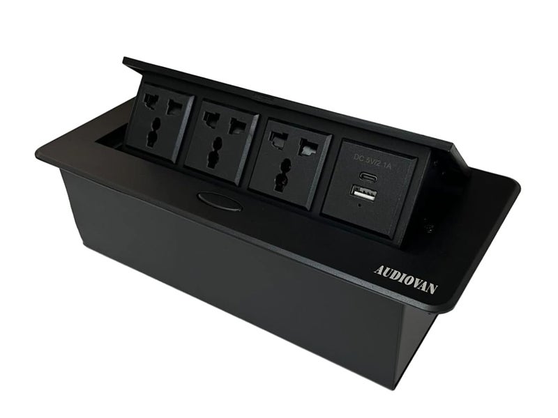 Audiovan Hydraulic Cable Cubby Pop Up Conference Box, Cable Manager Socket Electrical Box With 3 Power Socket and 2 USB socket A+C type Charger (Black popup Box 3 Power) - Image 1