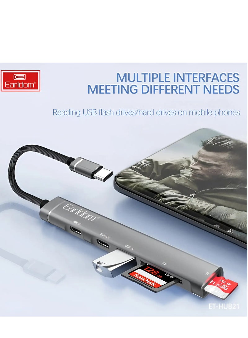 Earldom 5 in 1 adapter docking station USB type-C HUP21 for computer and mobile phone , High quality mini , Multi-port (2 USB type-C, USB 3.0, TF support , SD support) - Image 3