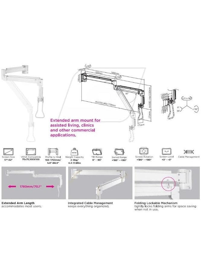 Skill Tech Extra Long Reach Articulated Wall-Mounted Single Monitor Arm - SH34 112.  - Image 3