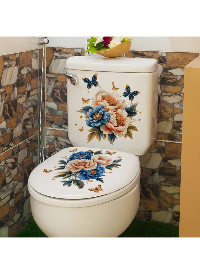 3D Embossed Peony & Butterfly Toilet Sticker, Waterproof Removable Bathroom Decor Decal - Image 1