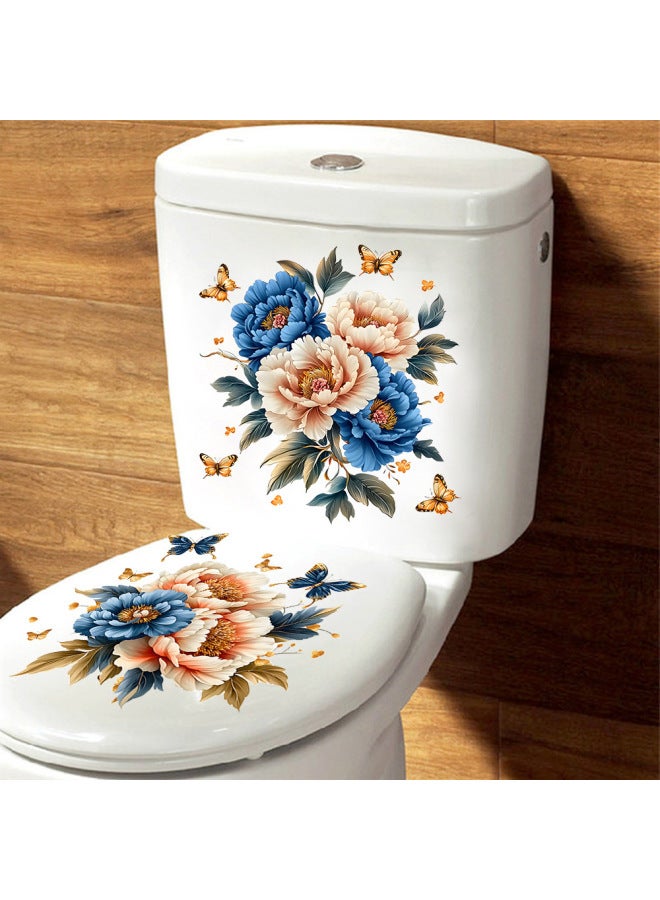 3D Embossed Peony & Butterfly Toilet Sticker, Waterproof Removable Bathroom Decor Decal - Image 2