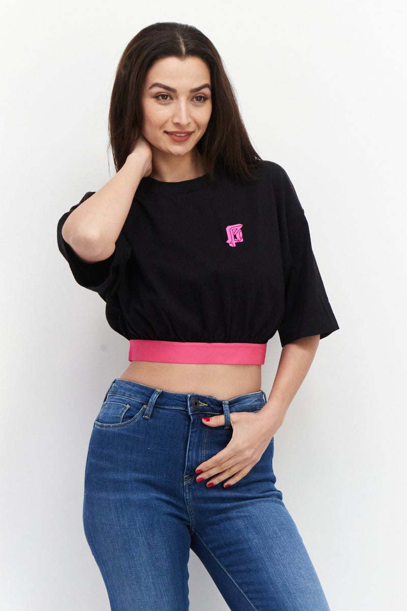 ESPRIT Women Round Neck Short Sleeve Graphic Printed T-Shirt, Black - Image 1